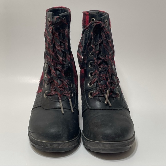 Sorel Lexie Leather Plaid Wedge Boot Womens 7 Red Black Checker - Picture 2 of 9